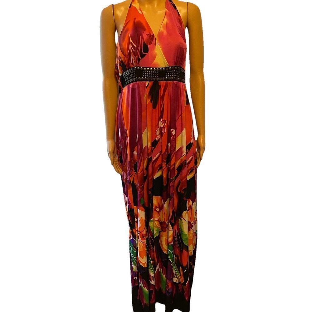 Y2K Magic Maxi Dress L Babydoll Studded Halter Red Black Floral Beach Tropical